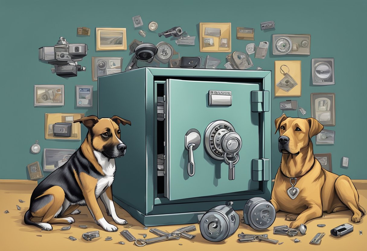 A locked safe with a broken key inside, surrounded by security cameras and a guard dog